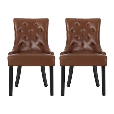 Chen Dining Chair Set of 2, Diamond Tufted Back, Brown Faux Leather