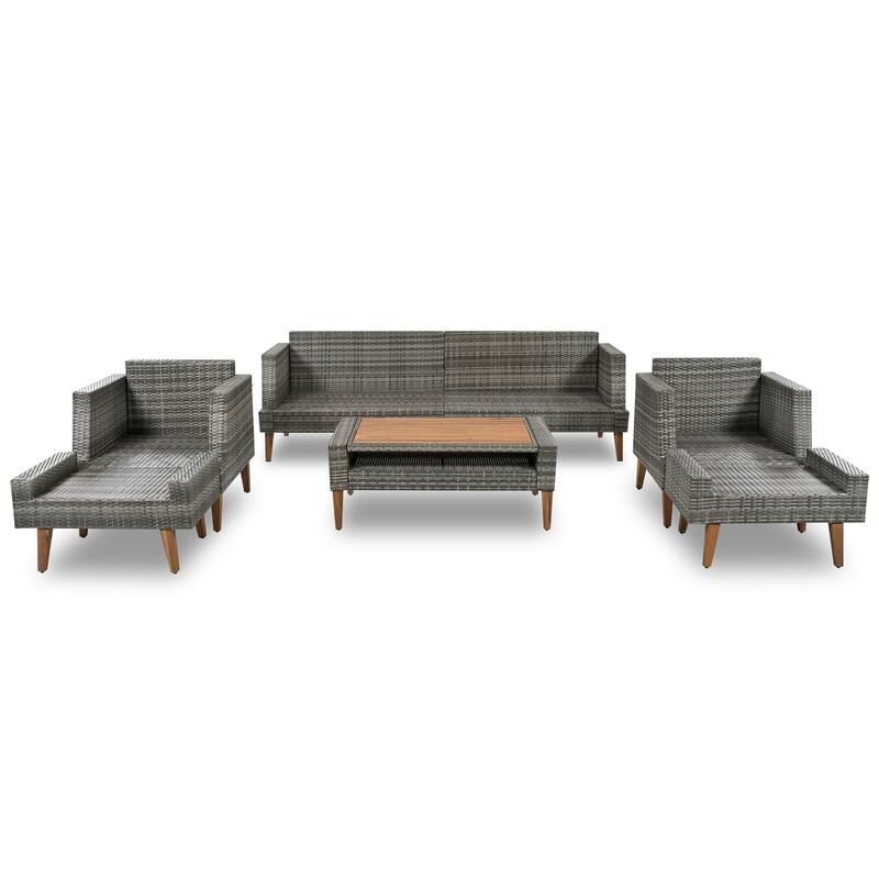 Roomfitters 6-Piece Outdoor Patio Furniture Set with Wicker Sofa, Armchairs, Ottomans and Coffee Table, Wood Legs, Gray+Beige
