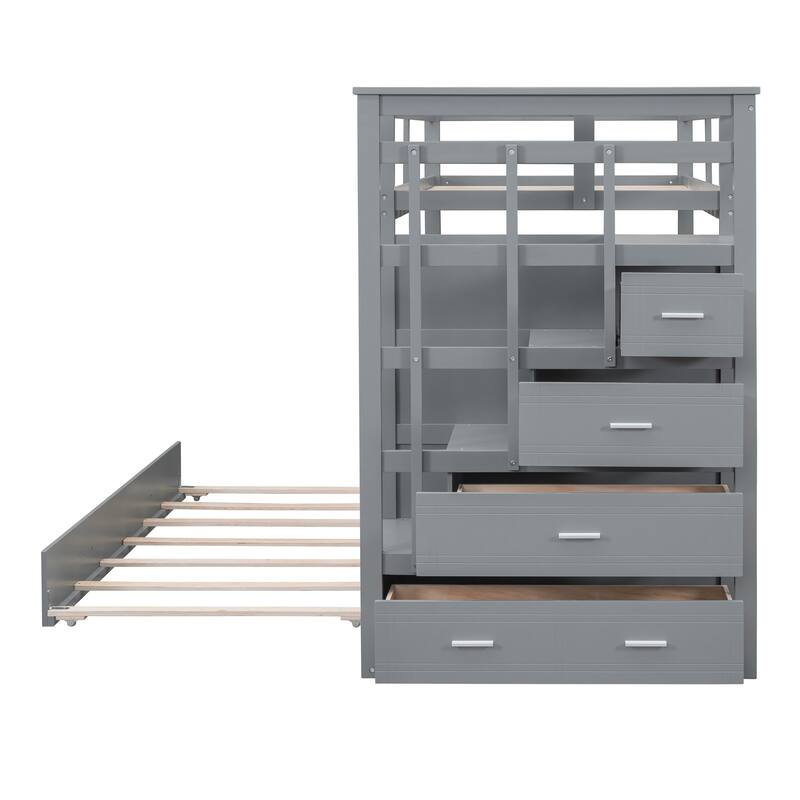 Twin Over Twin Bunk Bed with Trundle and Staircase, Gray