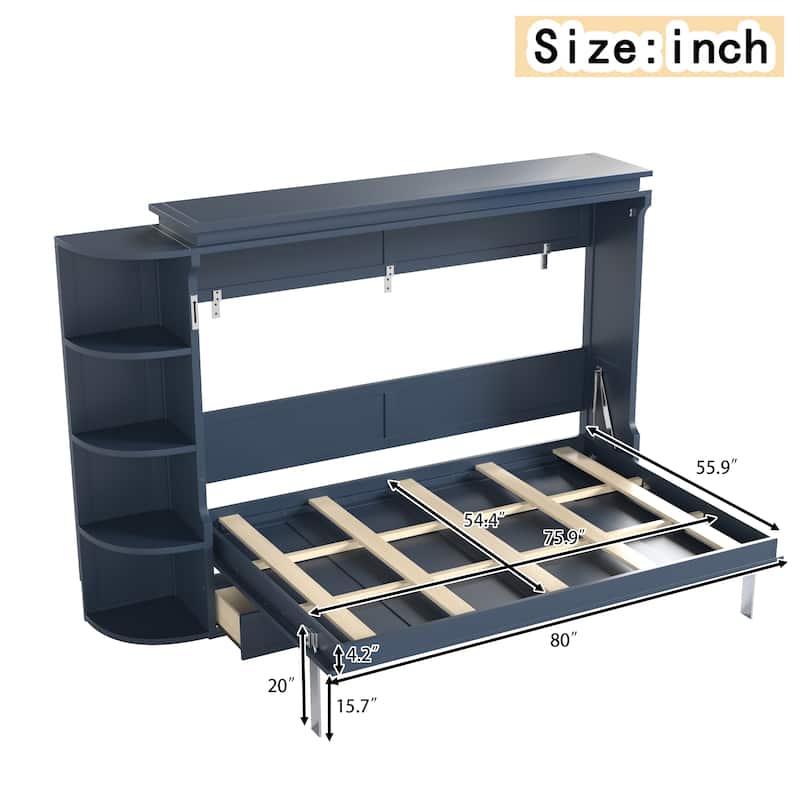 Murphy Platform Bed with Side Cabinets & Drawers, Wall Bed with Shelf for Home Office, Queen or Full