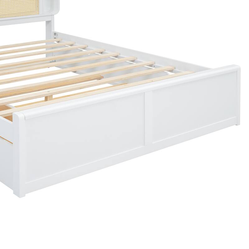 Queen Platform Bed with Rattan Headboard, 2 Storage Drawers and Pull-Out Trundle, with Built-In Compartments