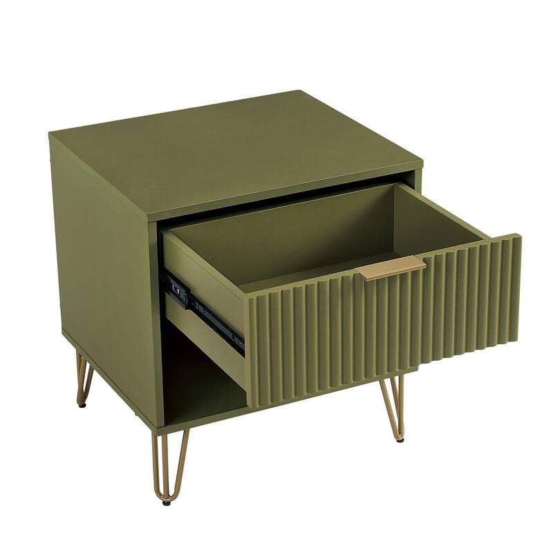 20" Fluted Nightstand with 1 Drawer and Metal Legs Modern Design