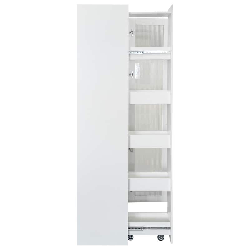 Expandable Pull-Out Buffet Sideborad, Pantry Cabinet with 5-Tier Shelf, Storage Cabinet with Glass Doors