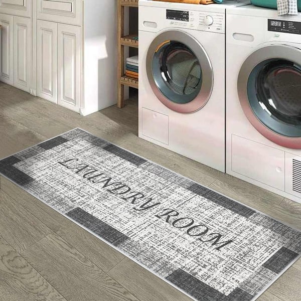 SussexHome Washable Ultra Thin Laundry Room Rug Runner - 20" x 59" - Gray&White