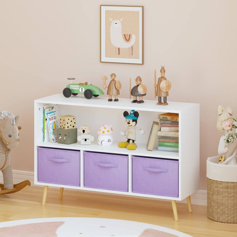 Kids bookcase with Collapsible Fabric Drawers, Children's Book Display, Toy Storage Cabinet Organizer, White/Purple