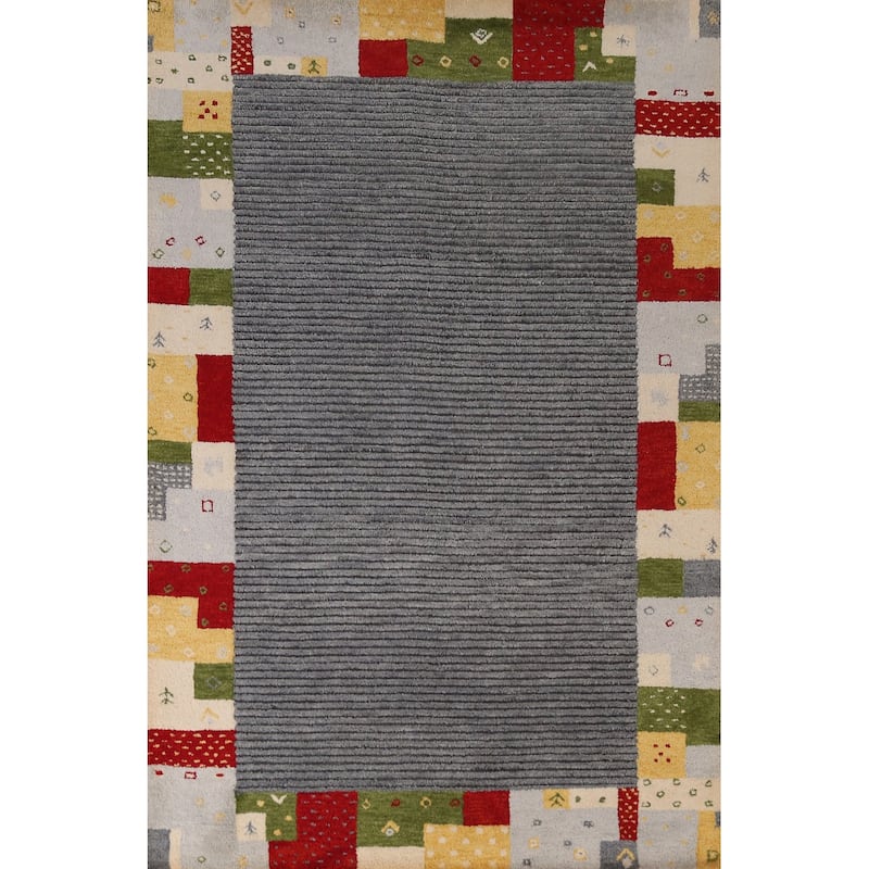 Striped Geometric Gabbeh Indian Area Rug Hand-Tufted Wool Carpet - 5'3" x 7'7"