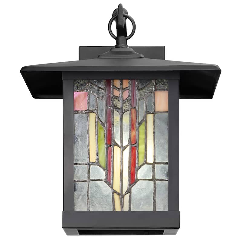 River of Goods Prairrie Style Stained Glass Black 1-Light Outdoor Lantern Wall Sconce - 10.75" x 9" x 11.75"