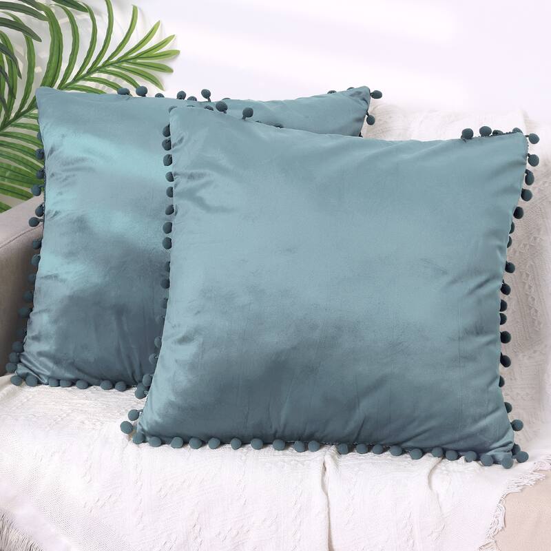 Pack of 2 Velvet Throw Pillow Covers with Pompoms Decorative Pillow Cases Fringe Cushion Covers Velvet Square Sham - Blue - 20 x 20 Inch