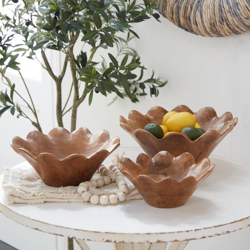 Teak Wood Floral Handmade Decorative Bowl - Set of 3 Brown - Roche River Decor