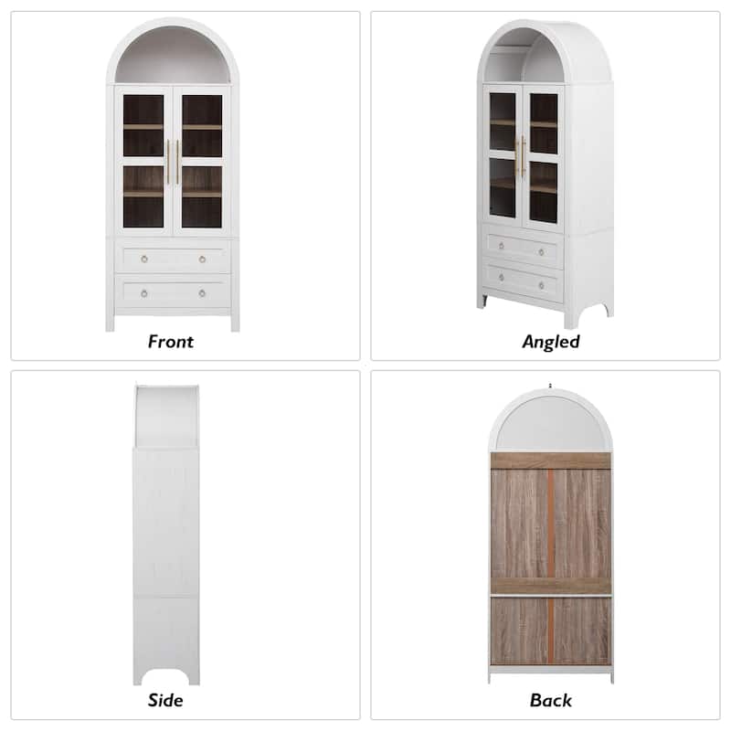 71" Tall Arched Kitchen Pantry Cabinet - 2 Large Drawers, Glass Door, Adjustable Shelves