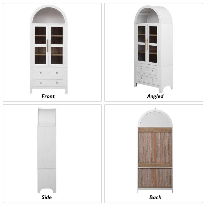 Arched Cabinet with Glass Doors, 71" Freestanding Pantry Cabinet with Drawers, Wood Storage Cabinets, Kitchen Versatile Cupboard