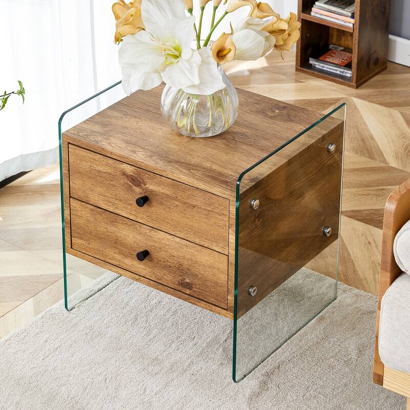 17.7" Modern Square Coffee Table with 2 Drawers and Tempered Glass Legs for Living Room