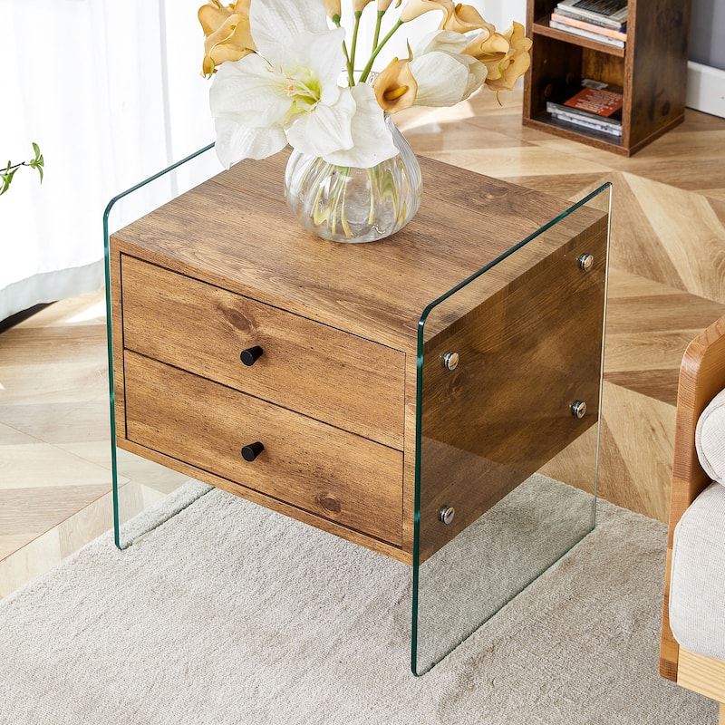 Double-Drawer Bedside Table:The Board Surface Is Mdf With White Grain Sticker,And Both Sides Are Transparent Tempered Glass