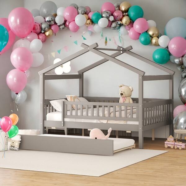 slide 2 of 52, Full Size Wooden House Bed With Twin Size Trundle Grey