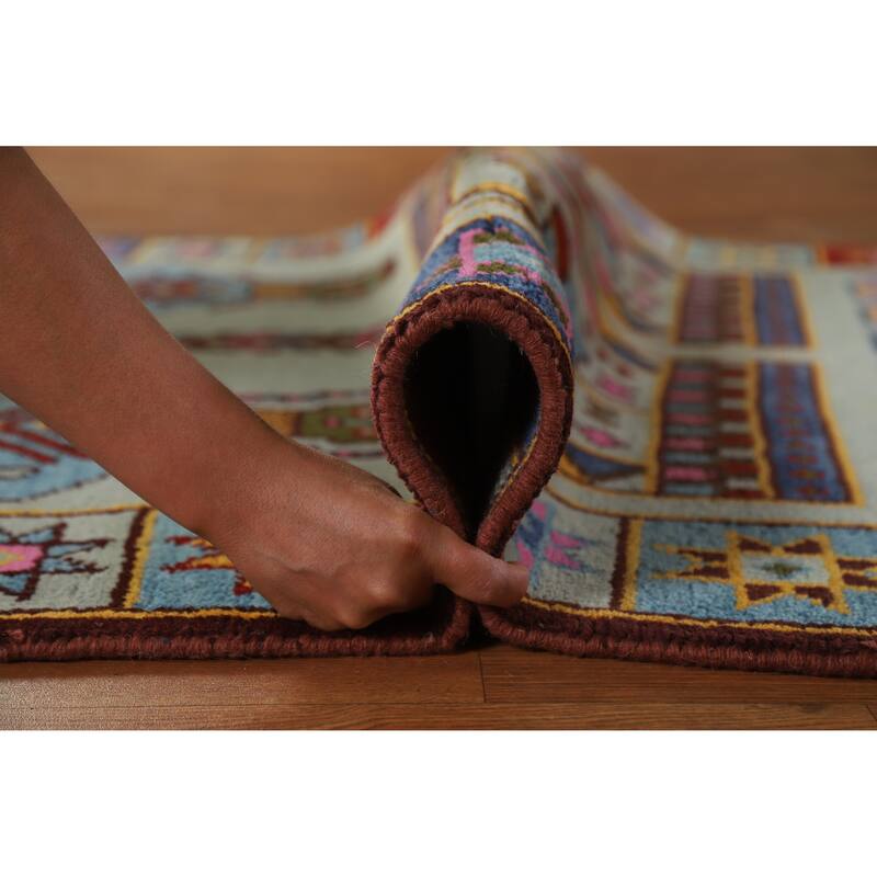 Hand Knotted Oriental 100% Wool Carpet Traditional Tribal Navy Blue & Blues Heriz (serapi) Runner Rug - 9' 7'' X 3' 10''