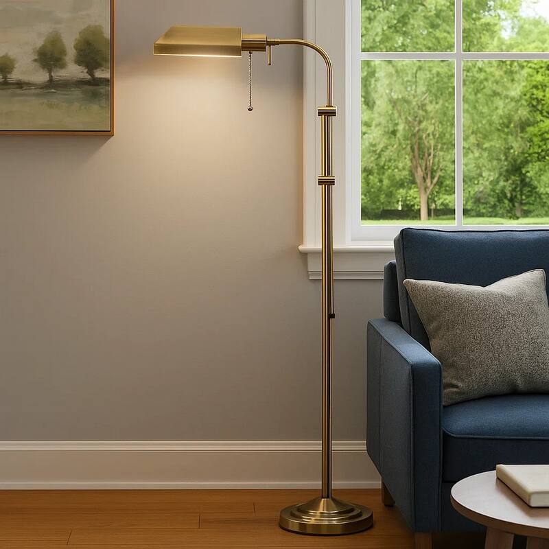 Metal Rectangular Floor Lamp with Adjustable Pole, Gold