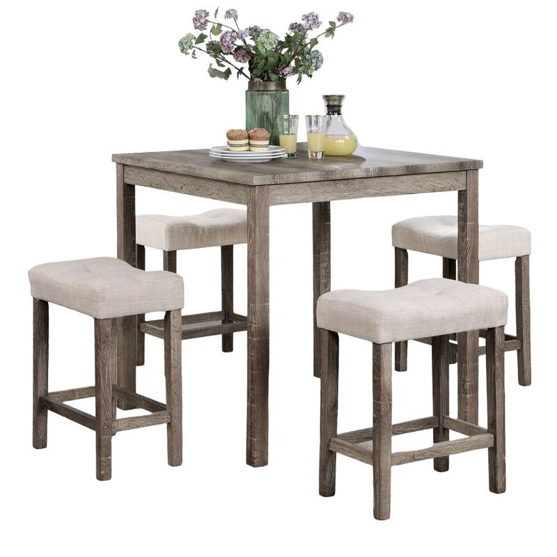 5-Piece Counter Height Dining Set with Gray Table and Beige Linen-like Upholstered Stools, Farmhouse-Inspired Rustic Charm