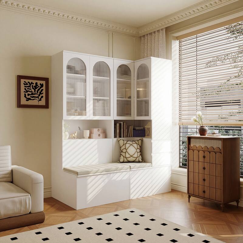 Entryway Cabinet Tempered Glass DoorsStorage Bench with Cushion, Modern Mudroom Hall Tree Organizer with Hidden Storage