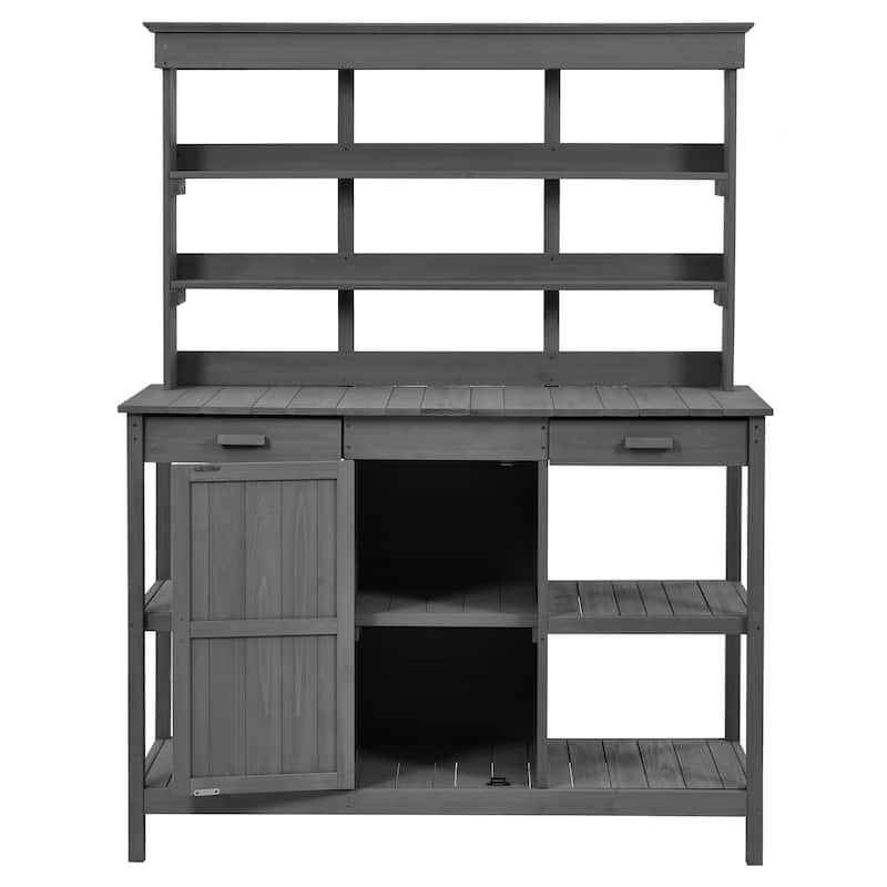 Roomfitters 66" Large Farmhouse Outdoor Potting Bench Table with 2 Drawers, Cabinet and Open Shelves, Gray