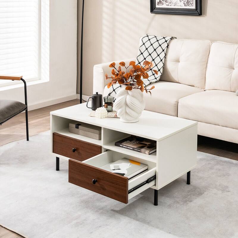 Gymax Coffee Table Modern Rectangle w/ Storage Shelf & Drawers Living