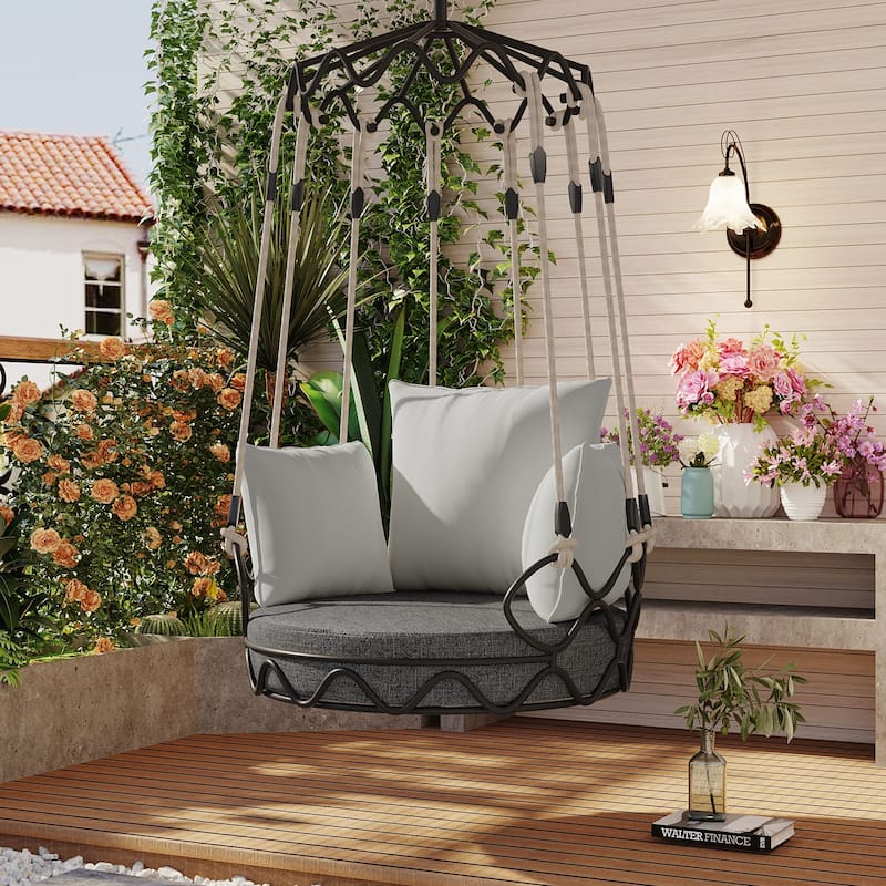 Outdoor Porch Swing Chair Hanging Basket, Hanging Chair with UV Resistant Cushion, Olefin Fabric for Patio Porch, Balcony