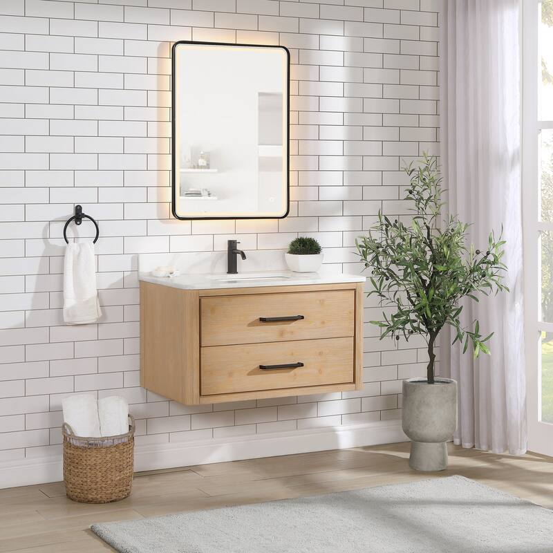 Cristo Floating Bath Vanity with White Quartz Stone Top without Mirror