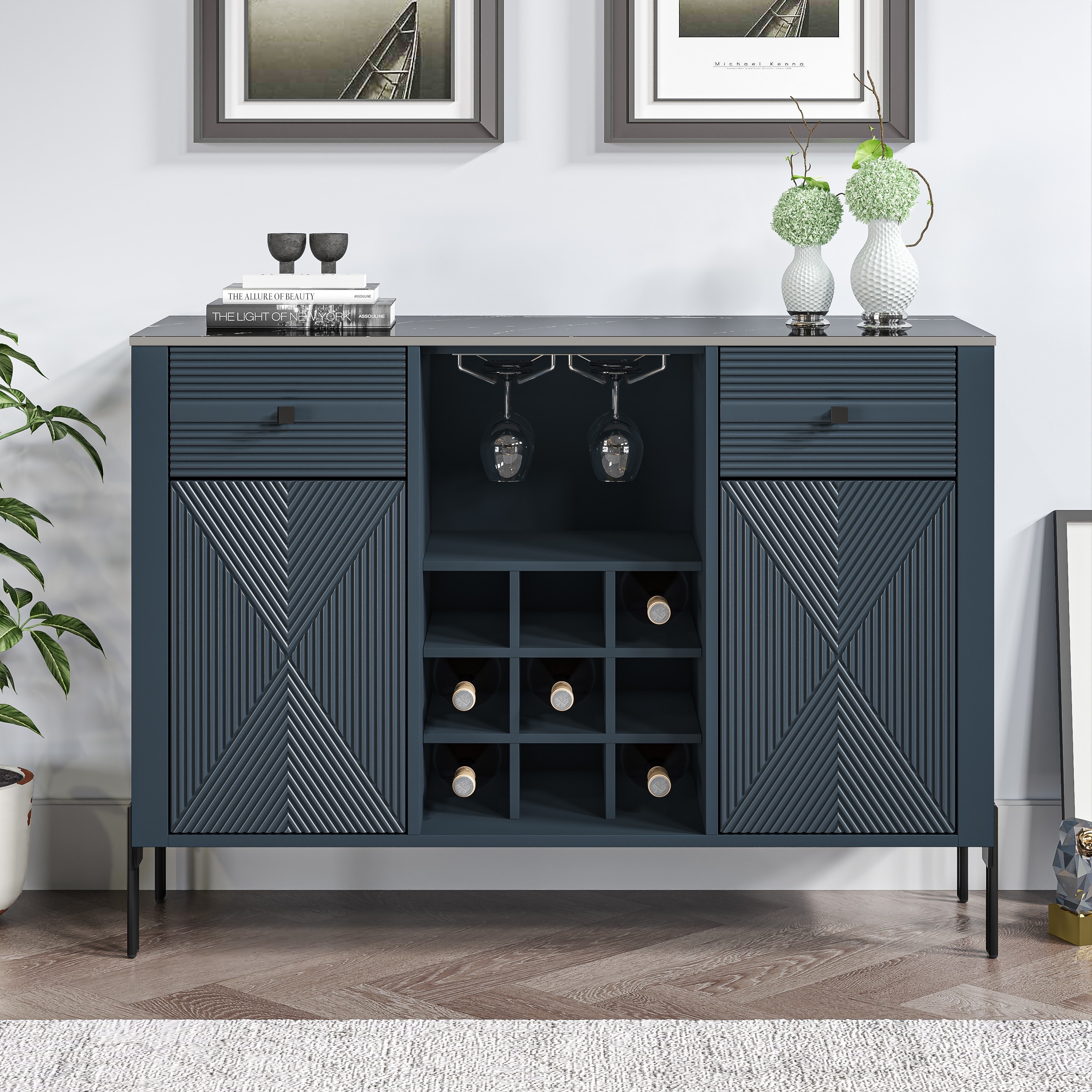 42" Modern Wine Cabinet with Metal Glass Rack and Drawers - 42" in Width