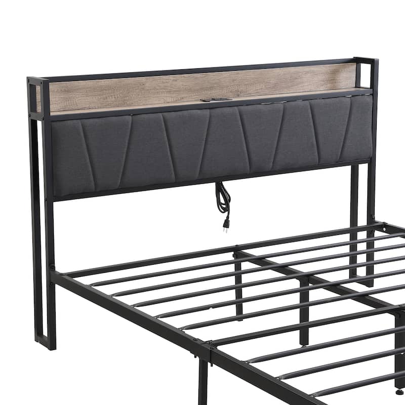 Black+Grey Full Size Metal Platform Bed with Drawers,Upholstery Storage Function Headboard and Usb Liner