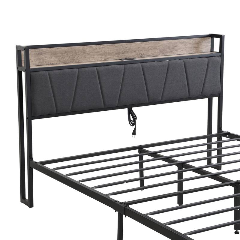 Queen Size Platform Bed Frame with upholstery storage function Headboard and USB with drawers, No Box Spring Needed