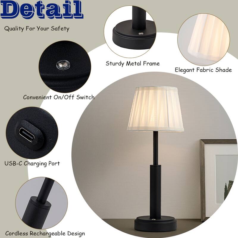 Modern Rechargeable LED Table Lamp with Fabric Shade Classic Touch Control USB Cordless Nightstand Light for Bedroom (2 Pack)