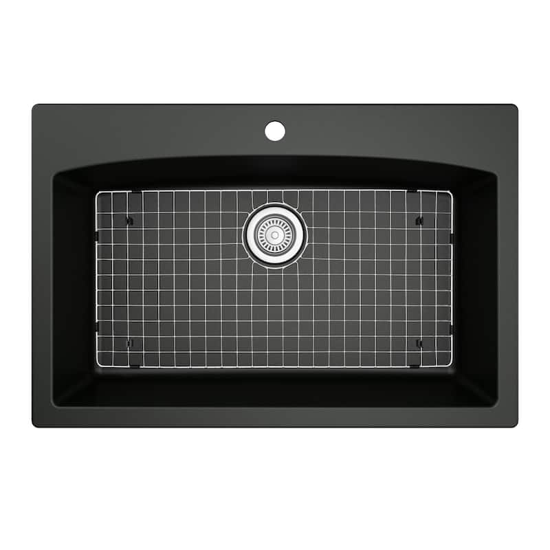 Karran All in One Drop-In Quartz Composite 33 in. Single Bowl Kitchen Sink in Black with Faucet KKF220 in Stainless Steel