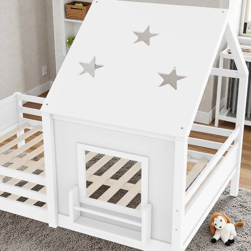 Kids House Platform Bed with Stairs, Star Roof, Window, Bookcase & Blackboard, Solid Wood Low Profile Bed No Box Spring