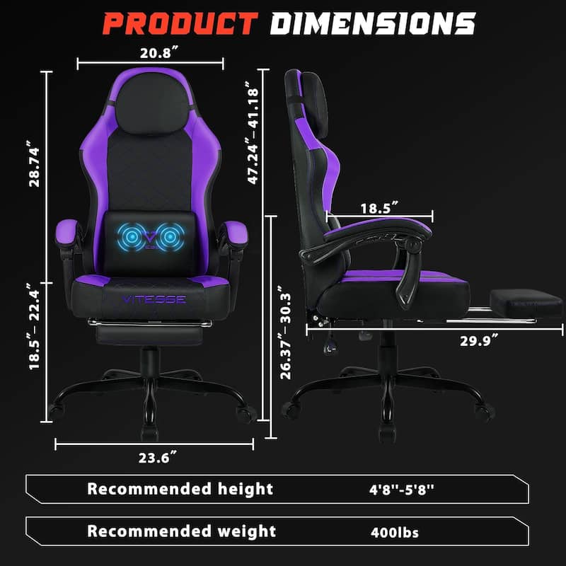 BOSSIN Ergonomic Gaming Chair – 400 lbs Support, PC/Racing Office Chair with Adjustable Swivel, Lumbar Vibration & Headrest
