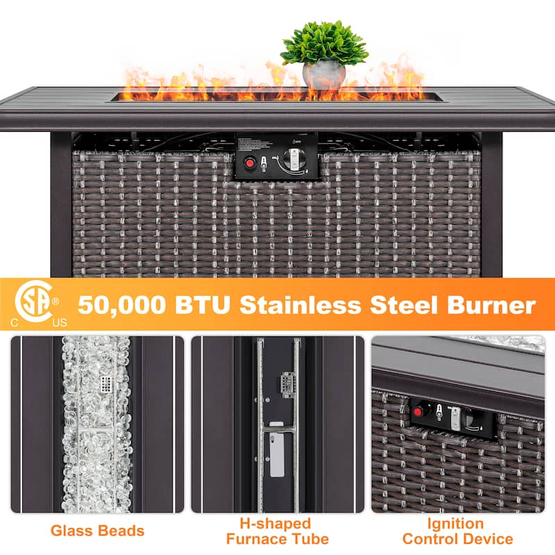 Outdoor 43-inch 50,000 BTU Propane Gas Fire Pit Table, Aluminum Tabletop and PE Rattan Weaved Iron Frame,