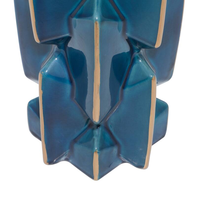 Teal Ceramic Faceted Decorative Vase with Gold Accents