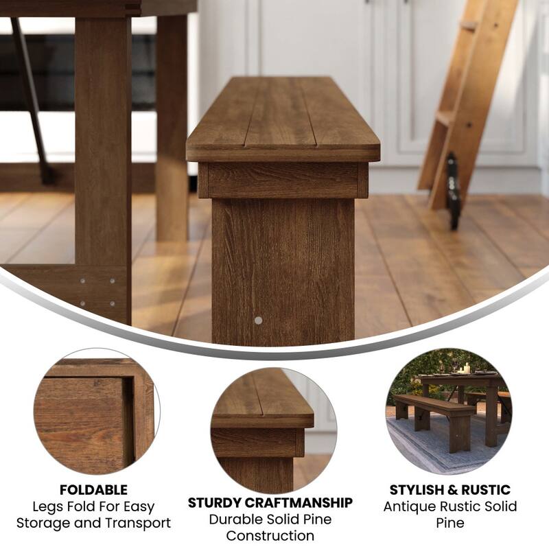 8' x 12" Antique Rustic Solid Pine Folding Farm Bench with 3 Legs