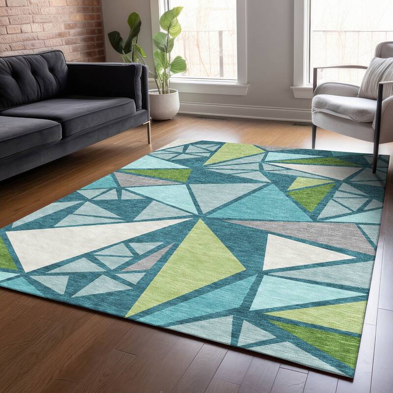 Machine Washable Indoor/ Outdoor Abstract Mosaic Chantille Rug - Teal - 9' x 12'