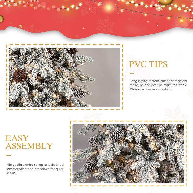 7.5 FT Flocked PE/PVC Christmas Tree with 40 Natural Pine Cones-1424 Tips, Space-Saving Design, Hinged Branches