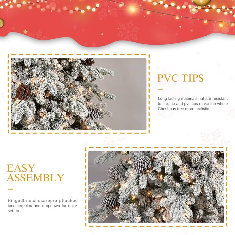 9 FT Flocked PE/PVC Christmas Tree with 52 Natural Pine Cones-2138Tips,Space-Saving Design, Hinged Branches,Stable Metal Stand