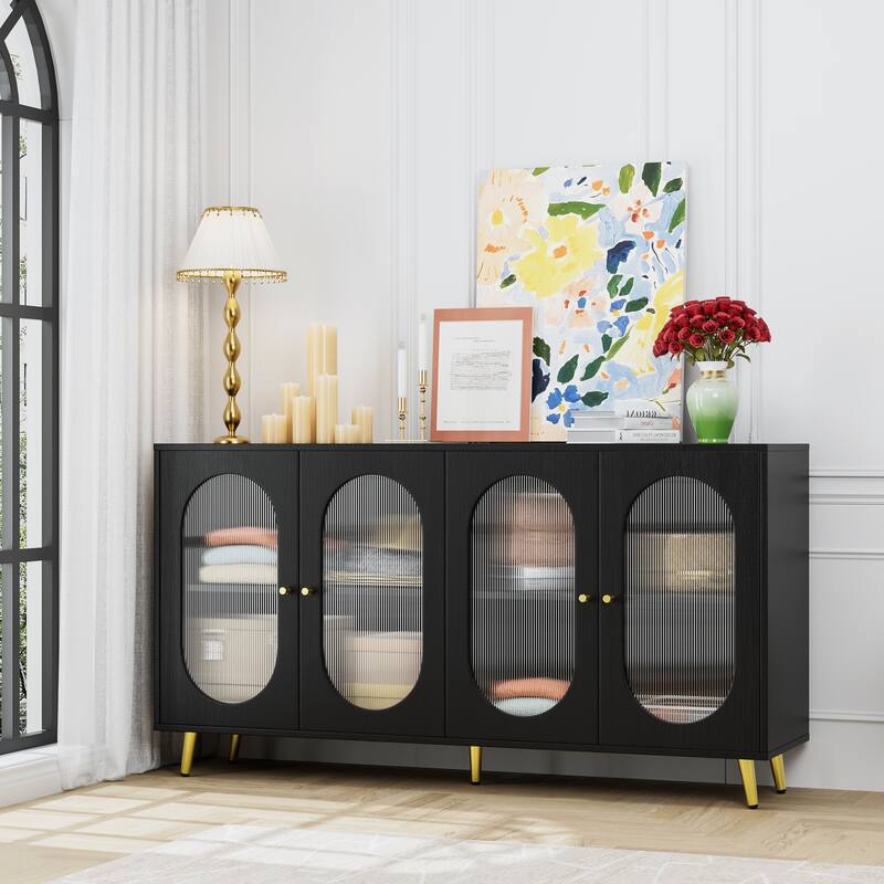 Elegant Sideboard Cabinet with Large Storage, Acrylic Doors, and Metal Legs, Black/White - Black