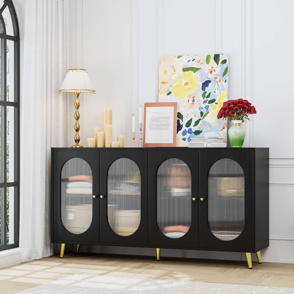 Elegant Sideboard Cabinet with Large Storage, Acrylic Doors, and Metal Legs, Black/White