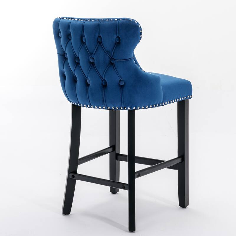 Furniture Blue Velvet Wingback Bar Stools Set of 2, Button Tufted with Wood Legs & Chrome Nailhead Trim