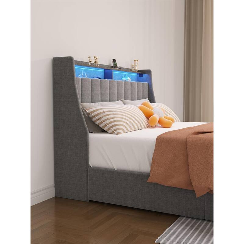 Wingback Headboard Upholstered Platform Bed Frame with 4 Drawer