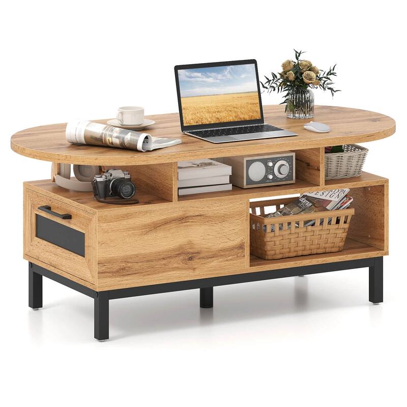 Costway 47” Oval Top Coffee Table with 4 Open Compartments & Drawer, 5 - See Details - Natural