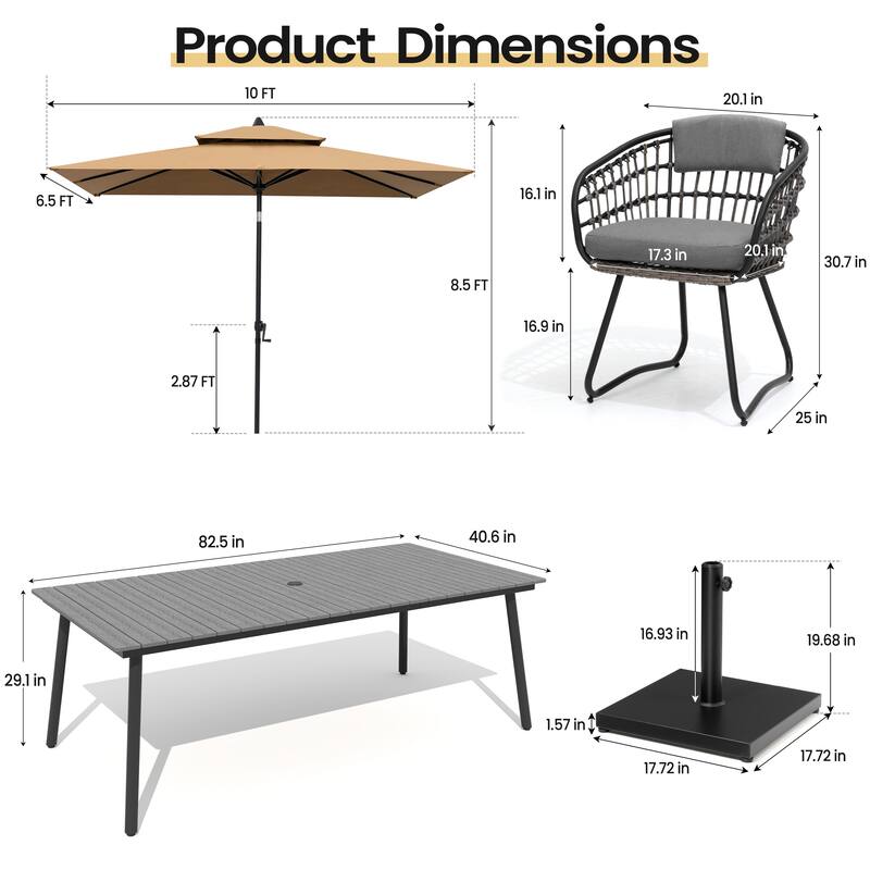 11PC Outdoor Patio Dining Set Wood-Like Aluminum Umbrella Hole Table with Rattan Chairs,Double Top Market Umbrella and Base