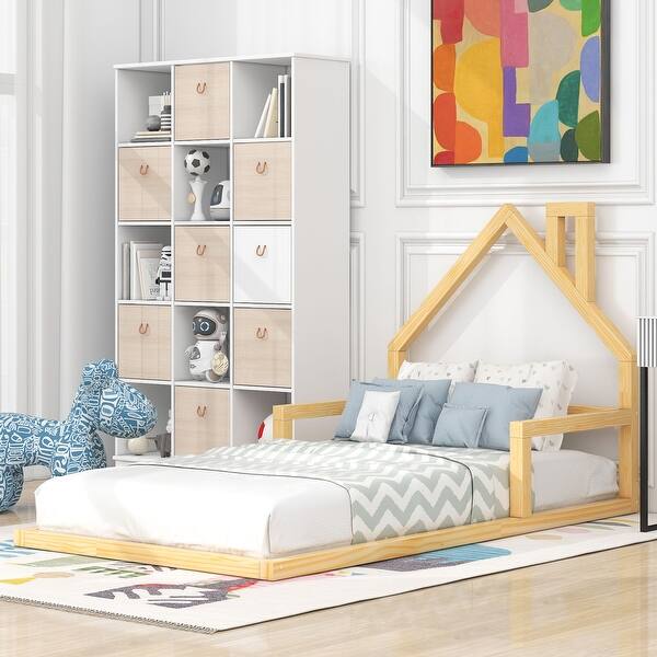 slide 2 of 22, Twin Size Wood Floor Bed with House-shaped Headboard and Chimney, Features Sturdy Pine Wood Construction Natural