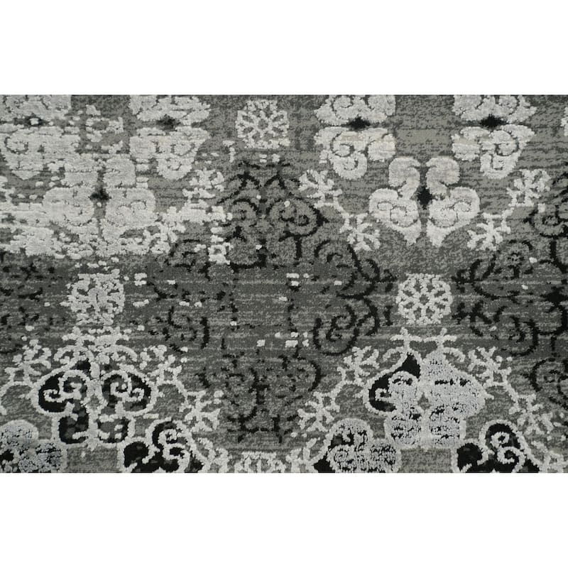 Machine Made Oriental Polyester Carpet Geometric Greys & Charcoal Distressed Area Rug - 7' 5'' X 5' 2''
