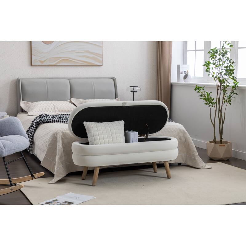 Storage Ottoman Bench with Wood Legs, 44.88" Upholstered Velvet Storage Bench for End of Bed Oval Storage Ottoman