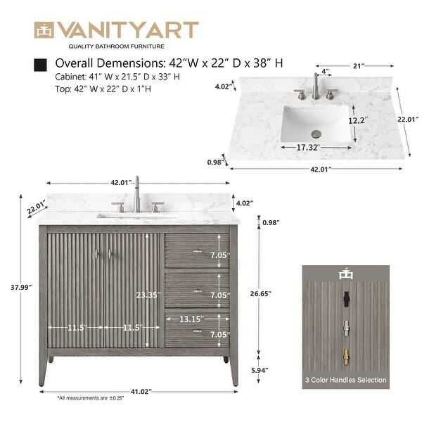 dimension image slide 15 of 21, Vanity Art 42" Single Sink Bathroom Vanity Cabinet with Engineered Marble Countertop