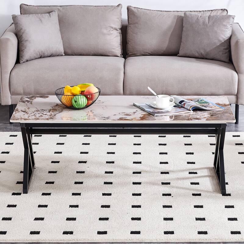 A modern minimalist style marble patterned coffee table with golden metal legs Computer desk Game table Tea table